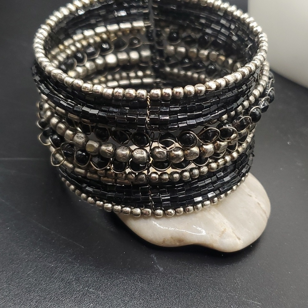Overflow tiered wrap cuff black seed beaded Gothic bracelet